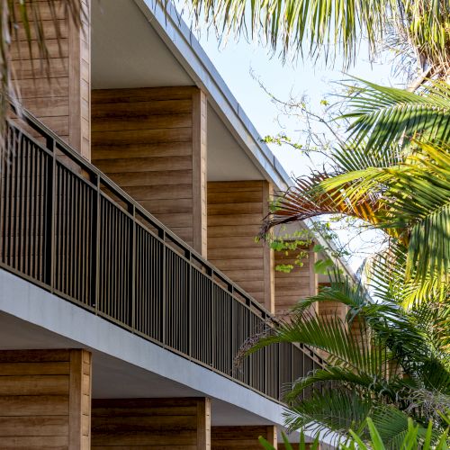 A wooden building with multiple balconies surrounded by leafy palm trees in a lush environment, suggesting a tropical or resort-like location.