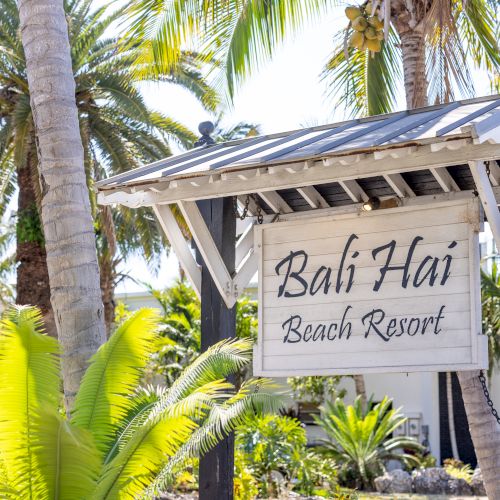 The image shows a sign for "Bali Hai Beach Resort" surrounded by lush, tropical plants and tall palm trees, creating a serene and inviting atmosphere.