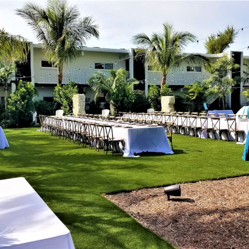 This image shows an outdoor event space with tables and chairs set up on a lawn, surrounded by palm trees and buildings in the background.