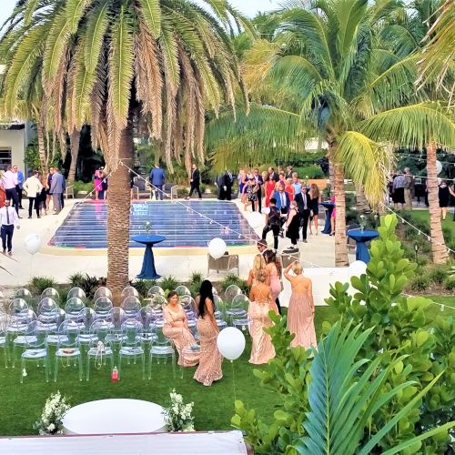 This image shows an outdoor wedding setup with guests mingling, a clear pathway, palm trees, and large "LOVE" letters. Clear chairs are arranged for the ceremony.